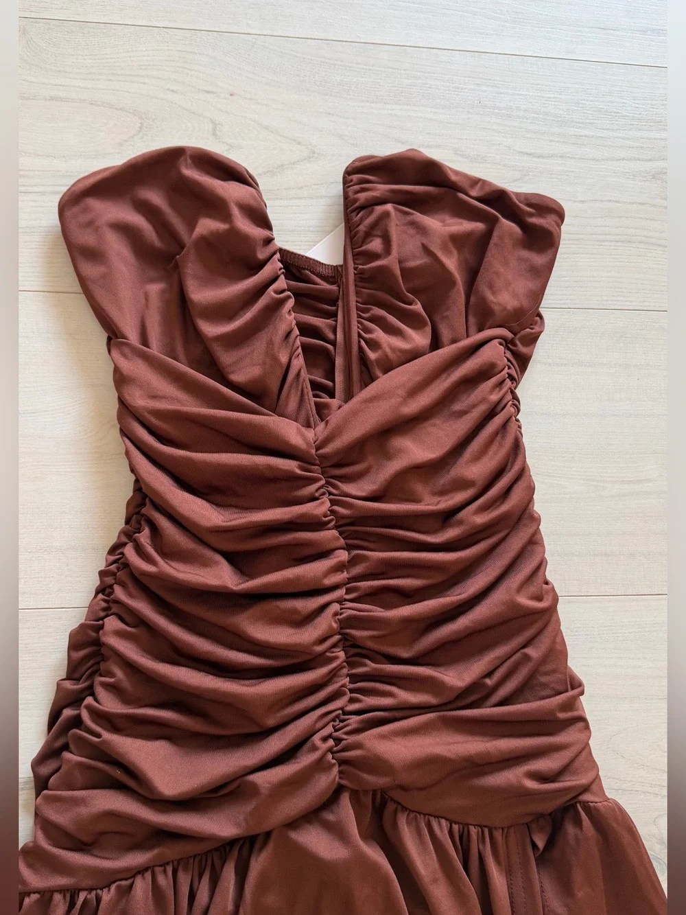 NWT Camila Blanco Strapless Ruched Maxi Dress in Chocolate Brown